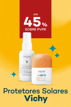Protetores Solares da marca Vichy com destaque promocional de at&eacute; 45% sobre pre&ccedil;o de Venda ao P&uacute;blico Recomendado